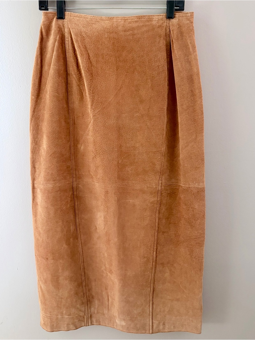 Vintage Brandon Thomas Tan Suede Midi Pencil Skirt Size 11/12 High Waist